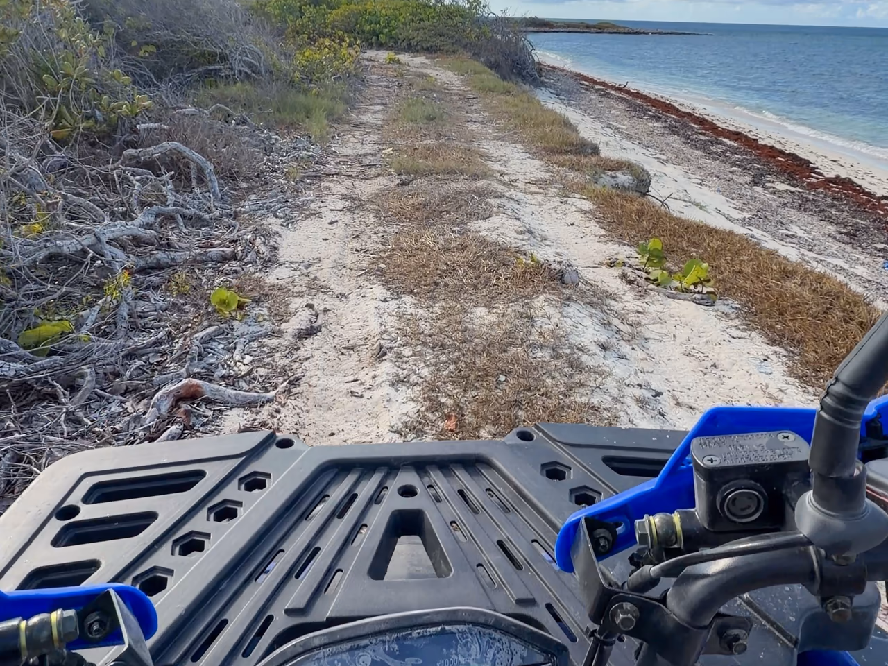 The view from the seat of one of our blue quads on a sandy coastal trail, with the sea on the right