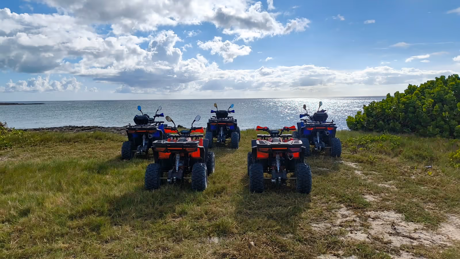 Five quads parked on the grass at the edge of the coast, the sea beyond